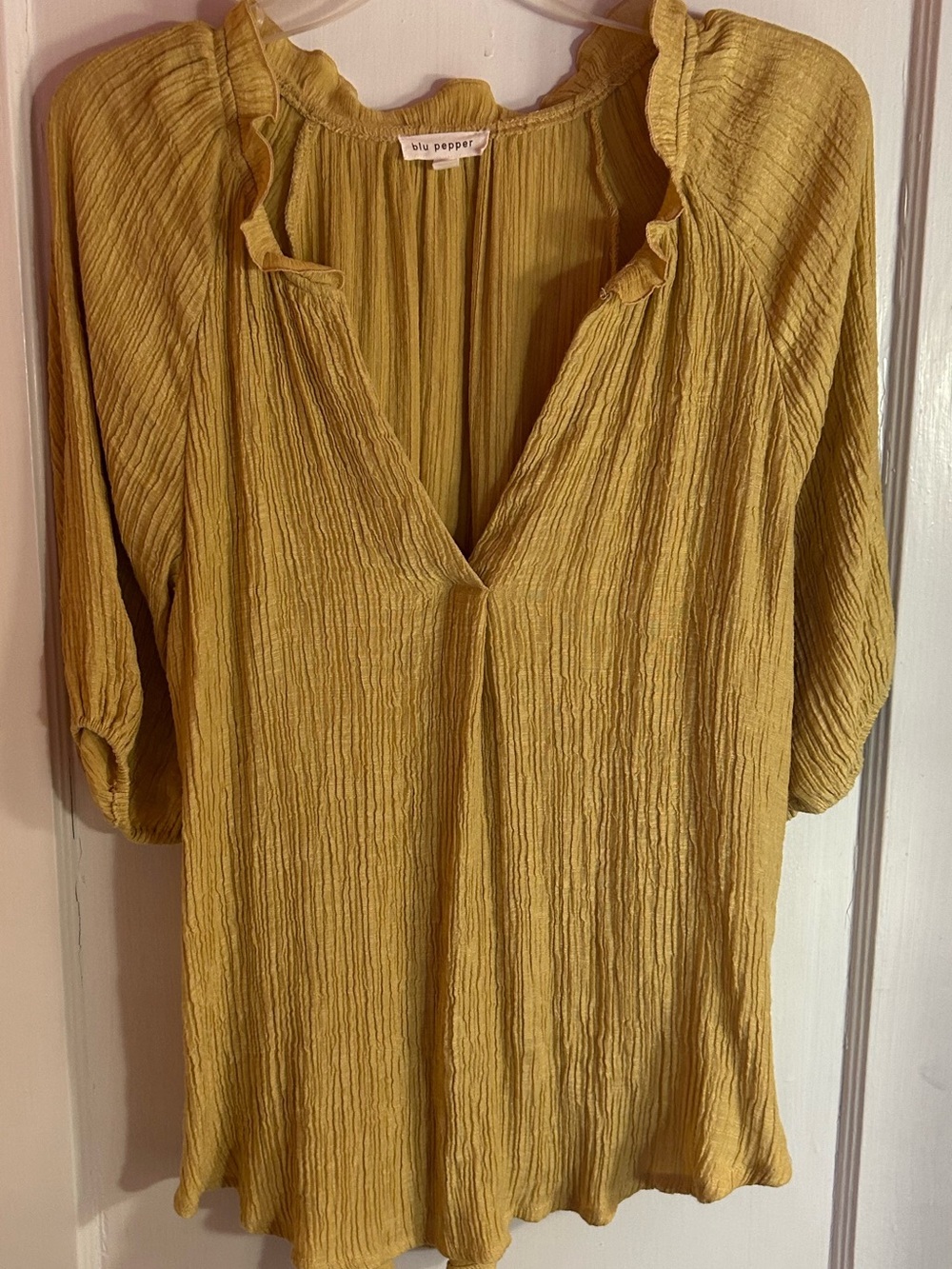 Blu Pepper Yellow Textured V-Neck Ruffle Trim Blouse